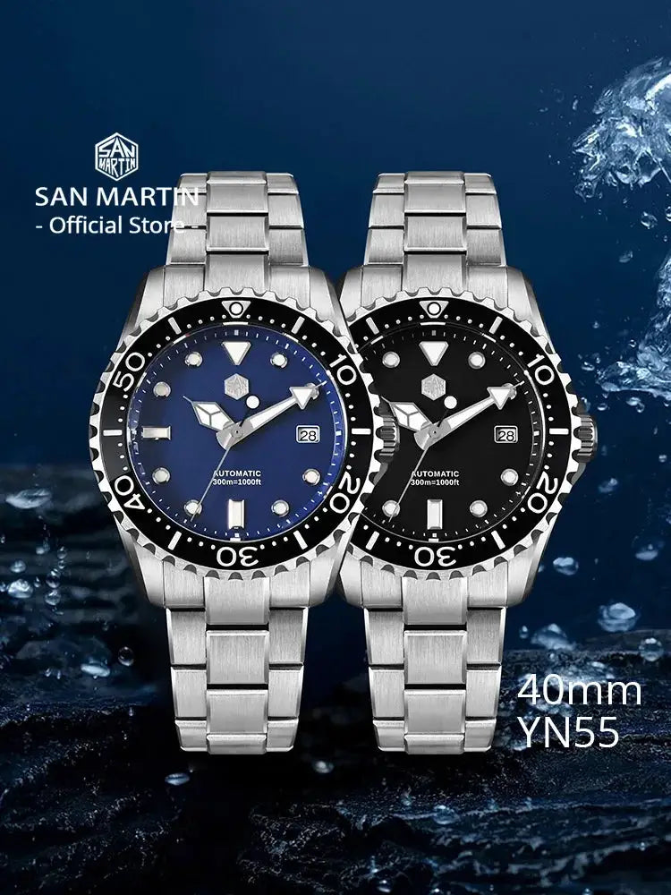 Two San Martin diver watches: blue and black dials, 40mm, stainless steel bracelet, automatic YN55