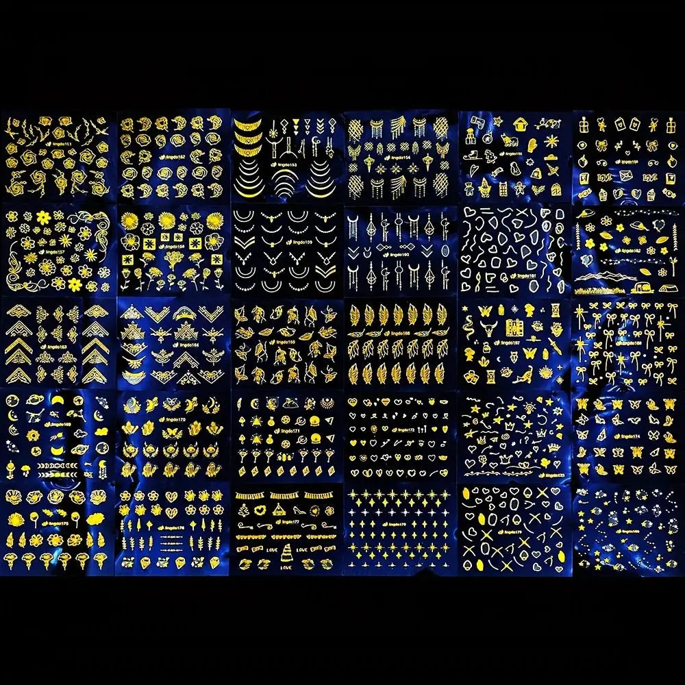 Nail art sticker sheets, 30 gold floral designs with 3D shimmering leaves and flowers on blue backing by Simples Market
