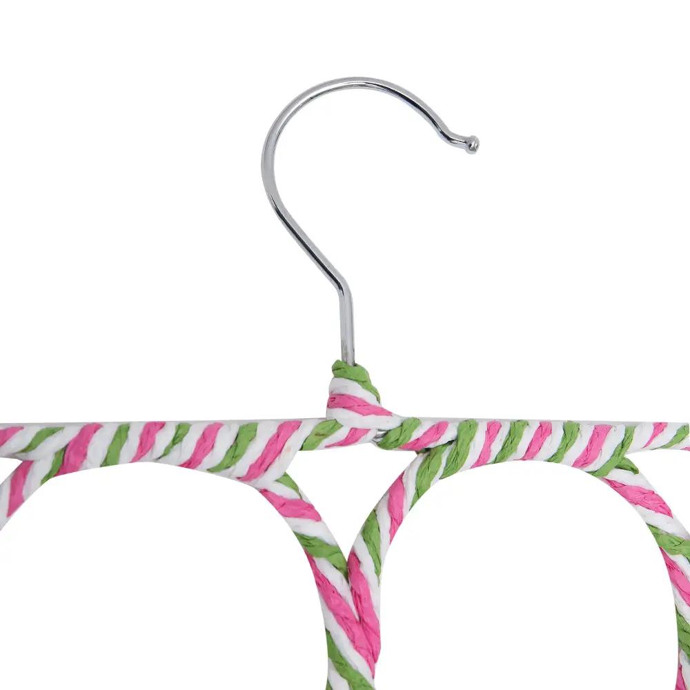 28-hole scarf holder by Simples Market with pink, white and green woven loops and metal hook.