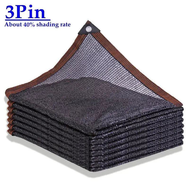 Sunshade net panels, black HDPE with brown edging, stacked; 30%–90% shading for greenhouse, garden, or pool.