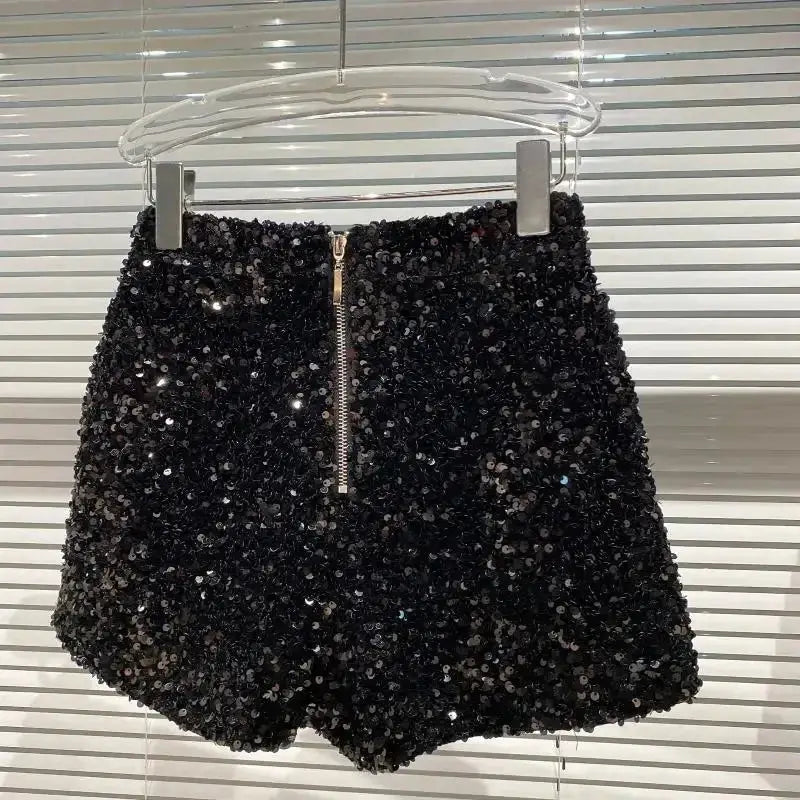 Women's black velvet sequin shorts with front zipper, Simples Market clubwear
