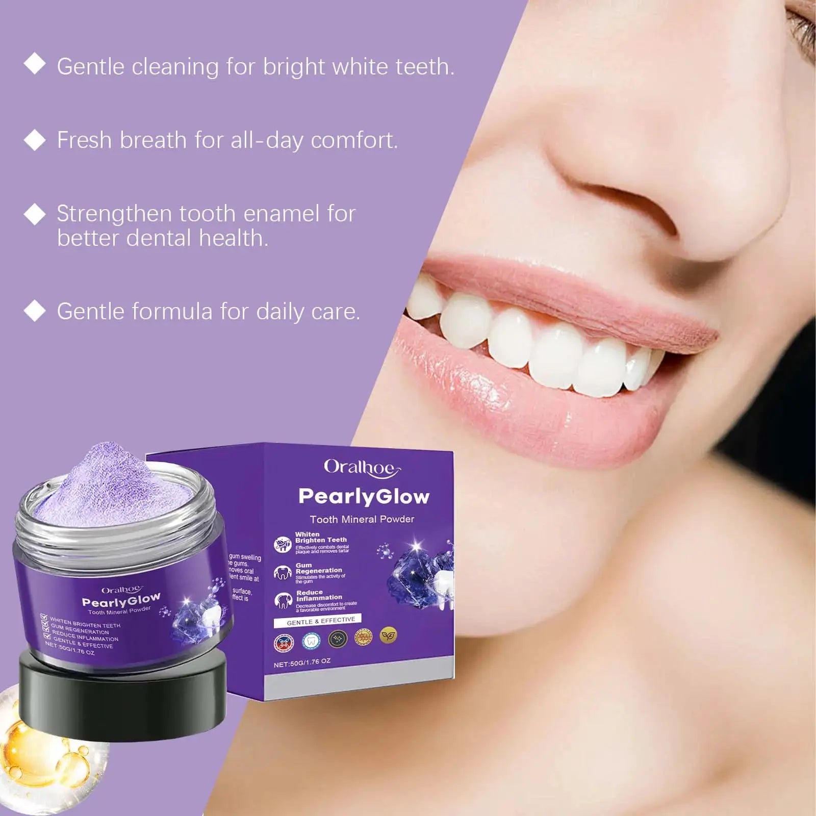 Teeth whitening purple powder shown as jar and PearlyGlow box beside a smiling mouth