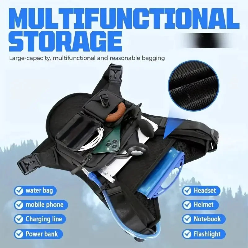 Lightweight black running chest pack with multiple pockets and blue accents