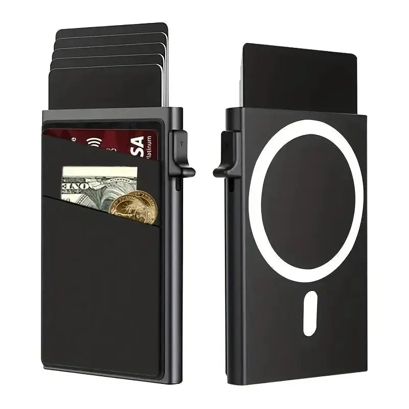 Simples Market slim black pop-up card holder wallet with RFID blocking; magnetic auto pop-up cards (front and back views)