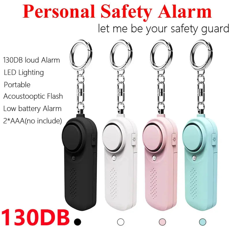 Personal safety alarm keychain set in black, white, pink, and teal with 130dB loud siren