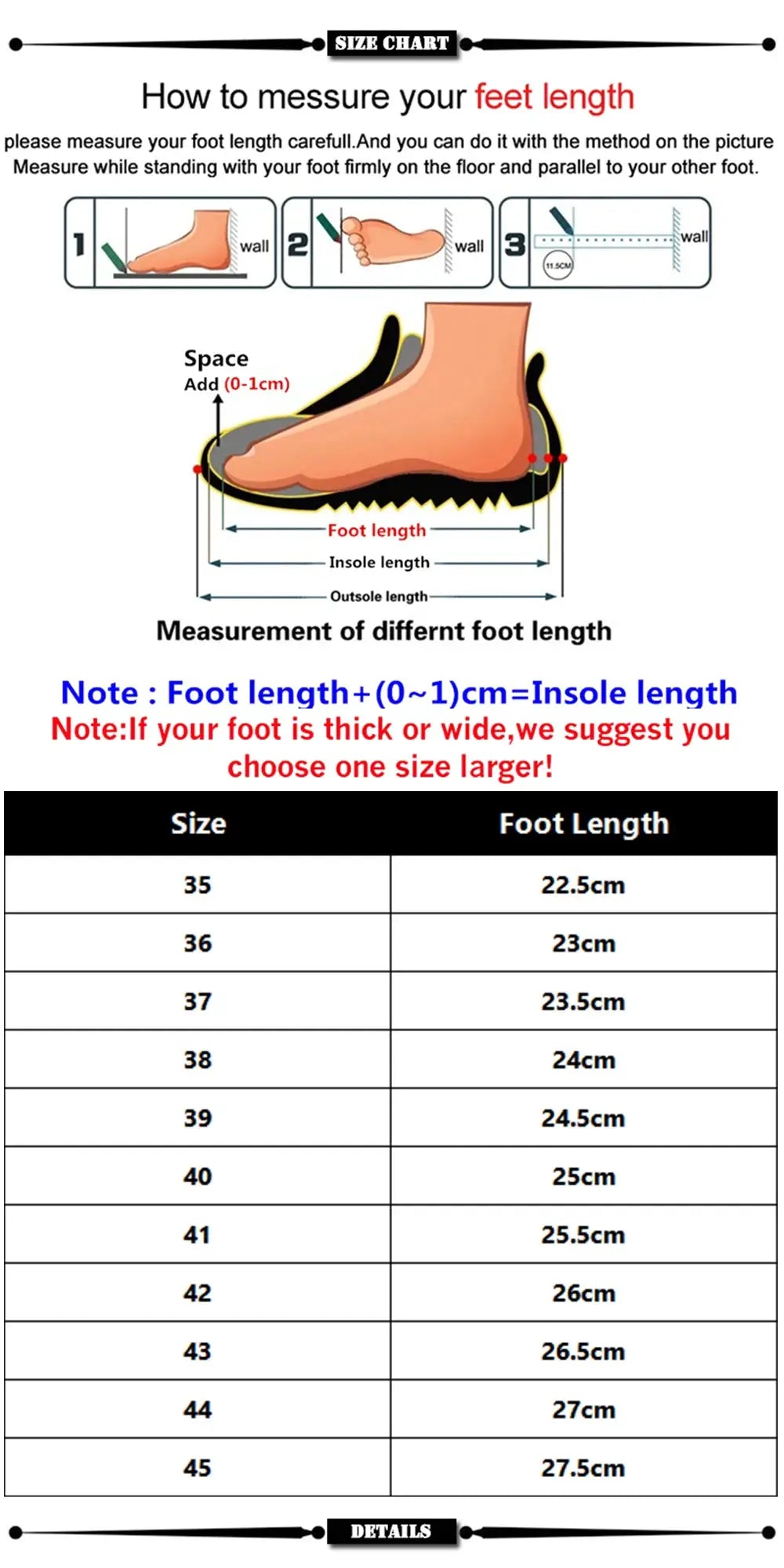Men's casual sneakers size chart by Simples Market showing foot-length measurement diagram and size table (35–45)