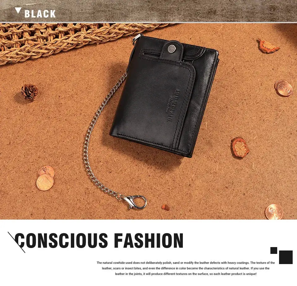 Real leather men's wallet with RFID blocking, black short bifold with zipper coin pocket and anti-theft chain