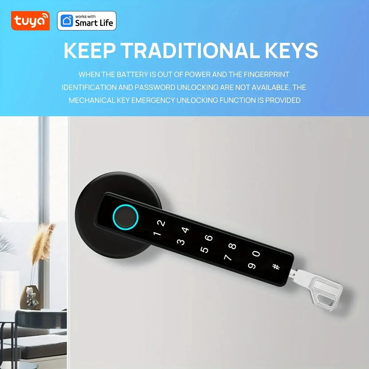 Tuya Bluetooth biometric electronic door lock handle with numeric keypad, black finish and blue LED ring
