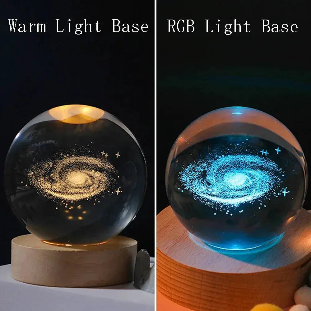 3D Crystal Ball Night Light by Simples Market; glass globe with solar system engraving on wooden base, warm amber and blue RGB lighting (2 displays)