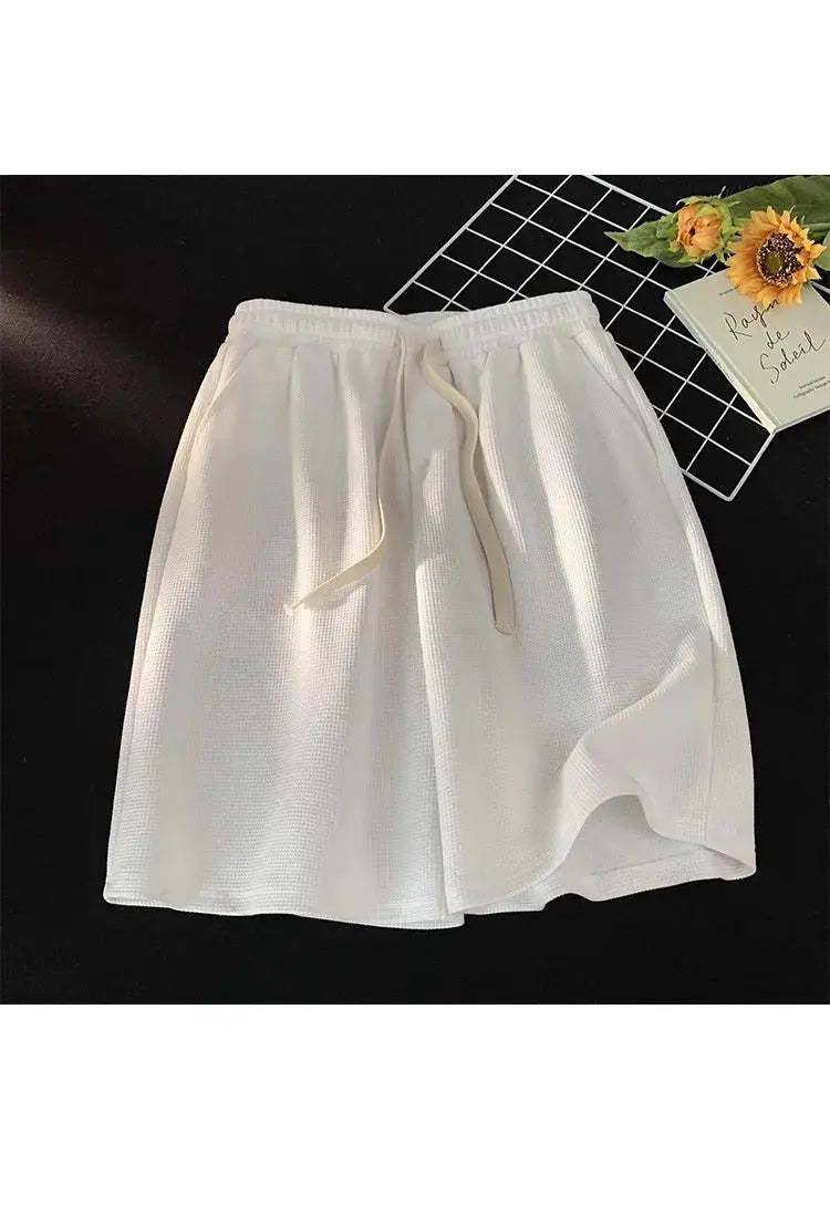 Men's white waffle shorts with drawstring, loose fit, casual summer beachwear
