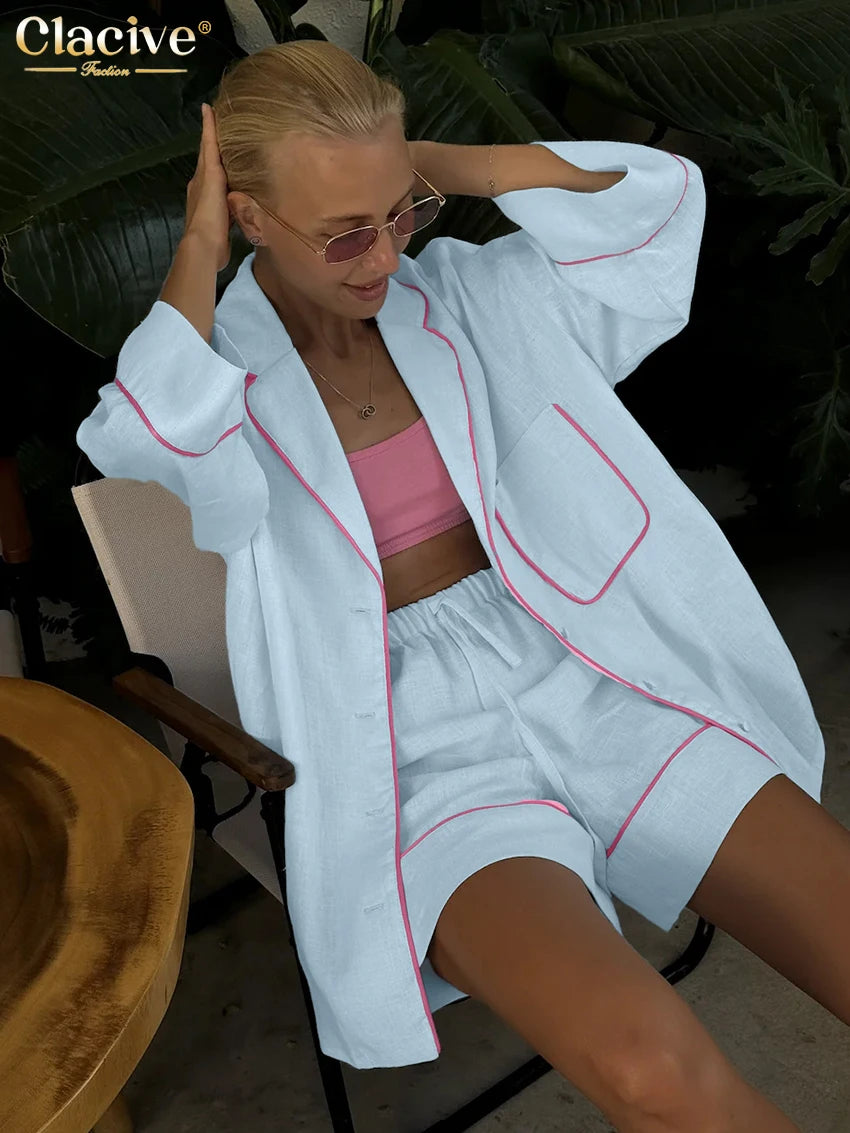 Blue Cotton Two Piece Set Women With Long Sleeve And High Waist Shorts