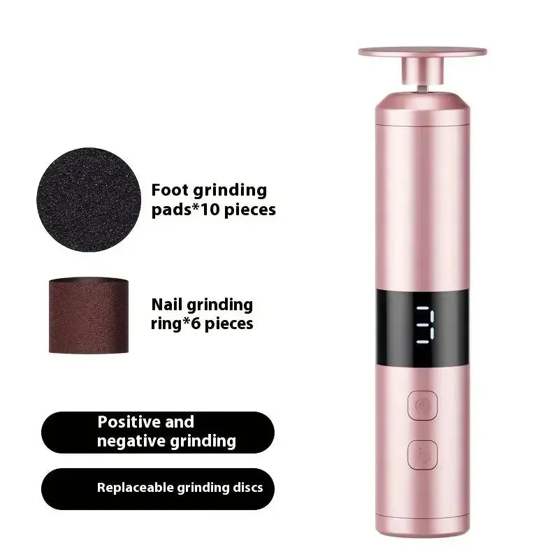 Foot grinder and nail grinder by Simples Market, pink USB-charging 2-in-1 foot care device with digital display and replaceable grinding discs.