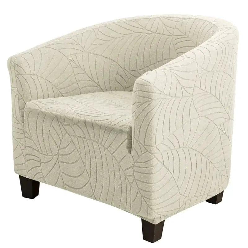 Elastic club chair cover with leaves jacquard pattern in beige, single-arm slipcover.