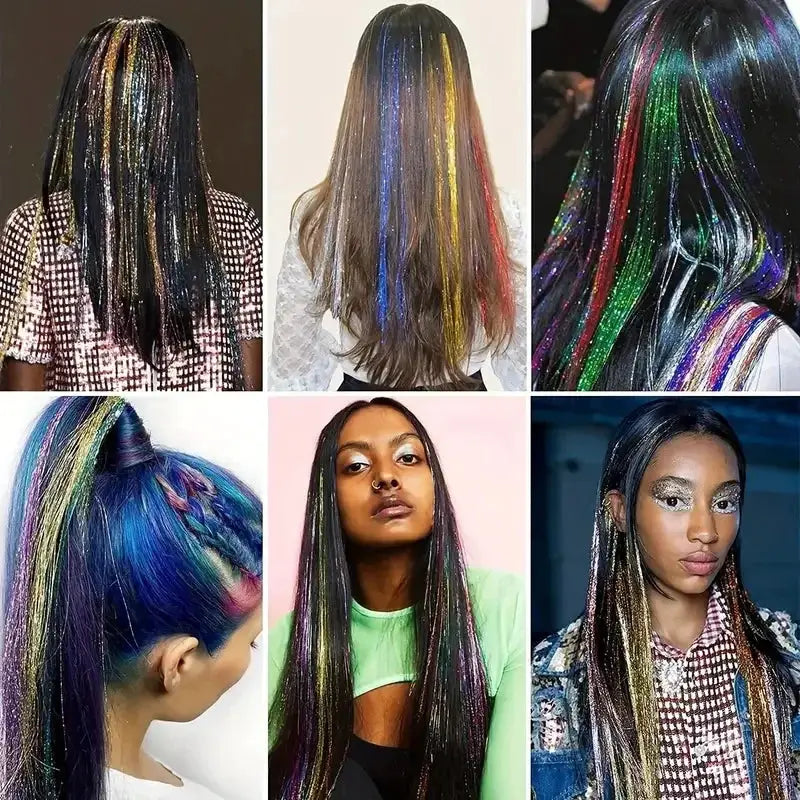 Synthetic Sparkling Tinsel Hair Extensions Holographic Colorful Glitter Fairy Hair For Parties Festivals
