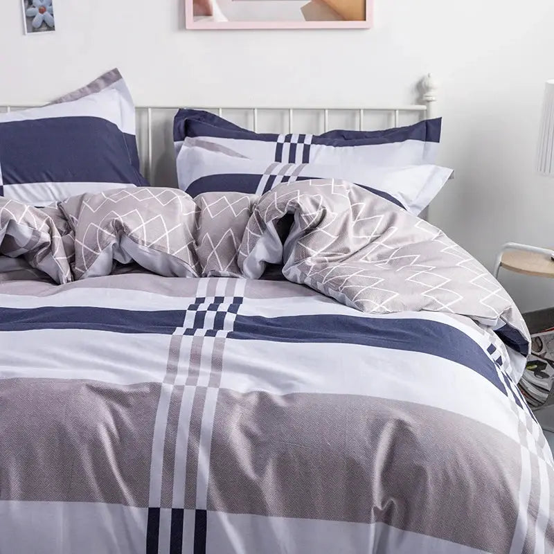 3pc cotton duvet cover set with striped print; includes duvet cover and 2 pillowcases in navy, gray and white