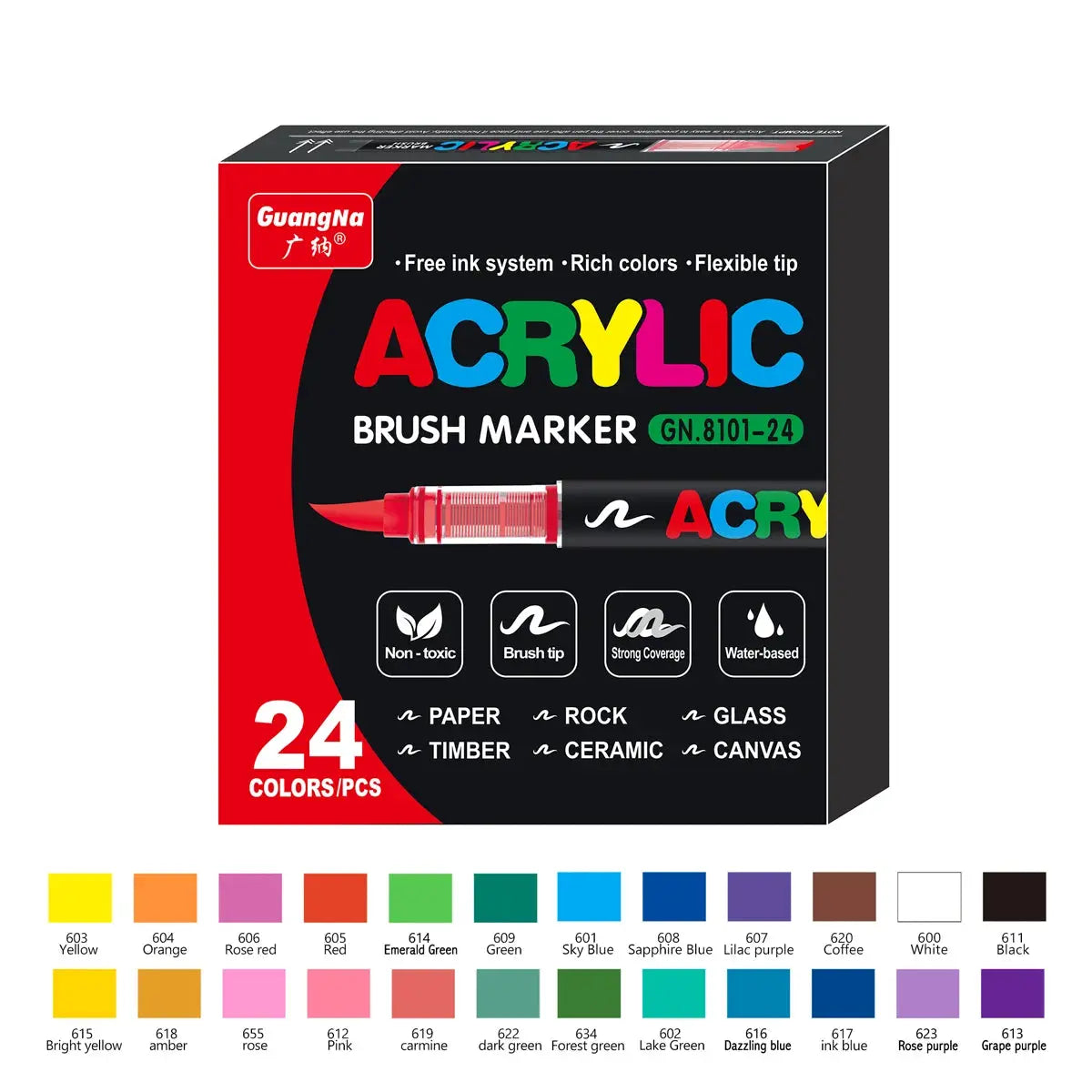 Simples Market 24-color waterproof acrylic brush marker set with soft brush nib