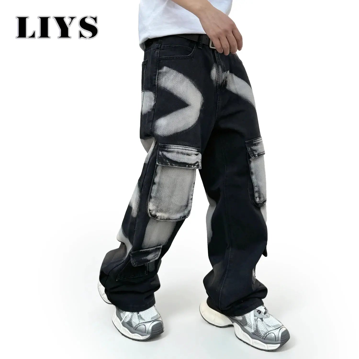Men's black cargo workwear jeans with multiple pockets and splashed ink pattern, straight leg.