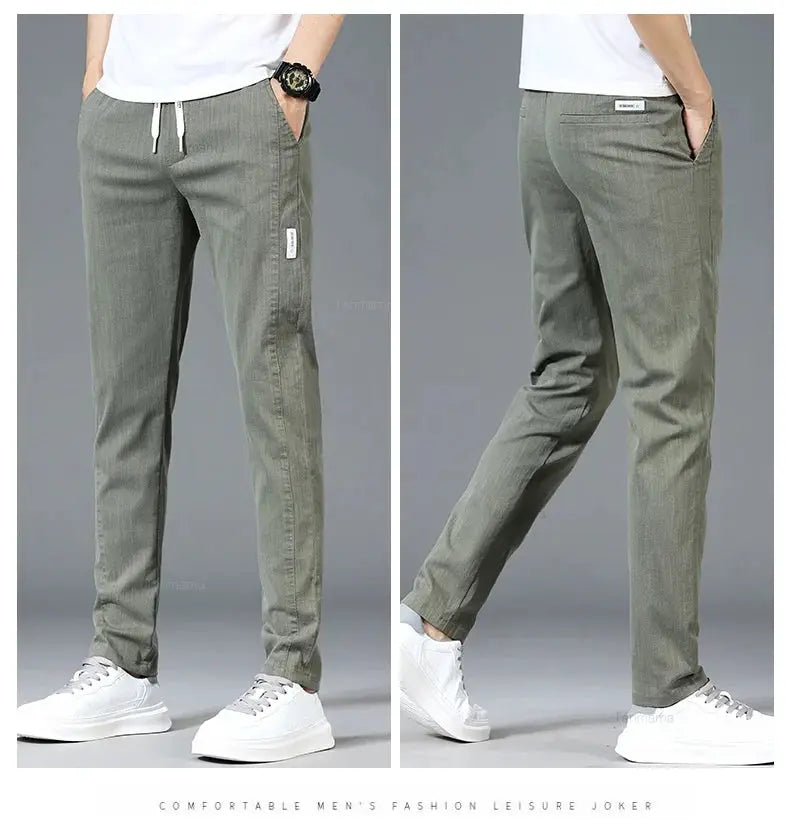 Simples Market Spring/Summer men's casual pants, olive green, elastic drawstring waist, slim straight trousers