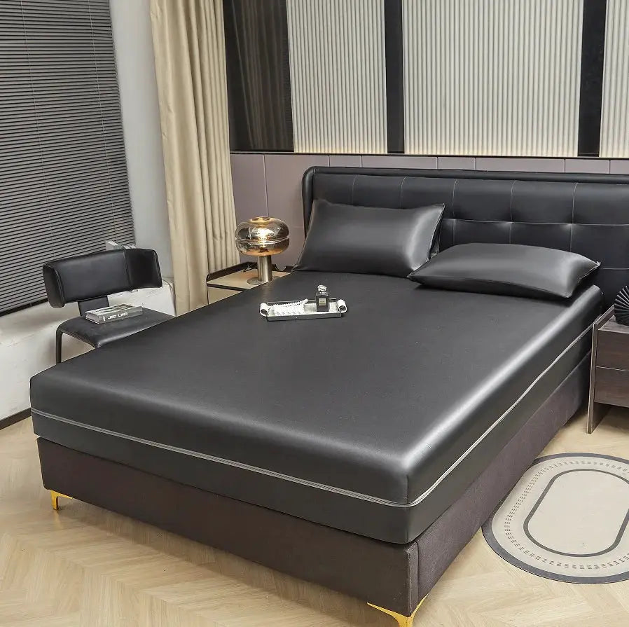 6-Sided Zipper Mattress Encasement in black satin for full-size bed with deep-pocket protection