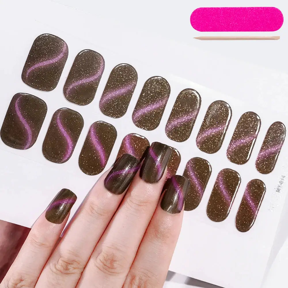 Gel nail wraps sheet with brown full-cover decals and pink diagonal stripe glitter