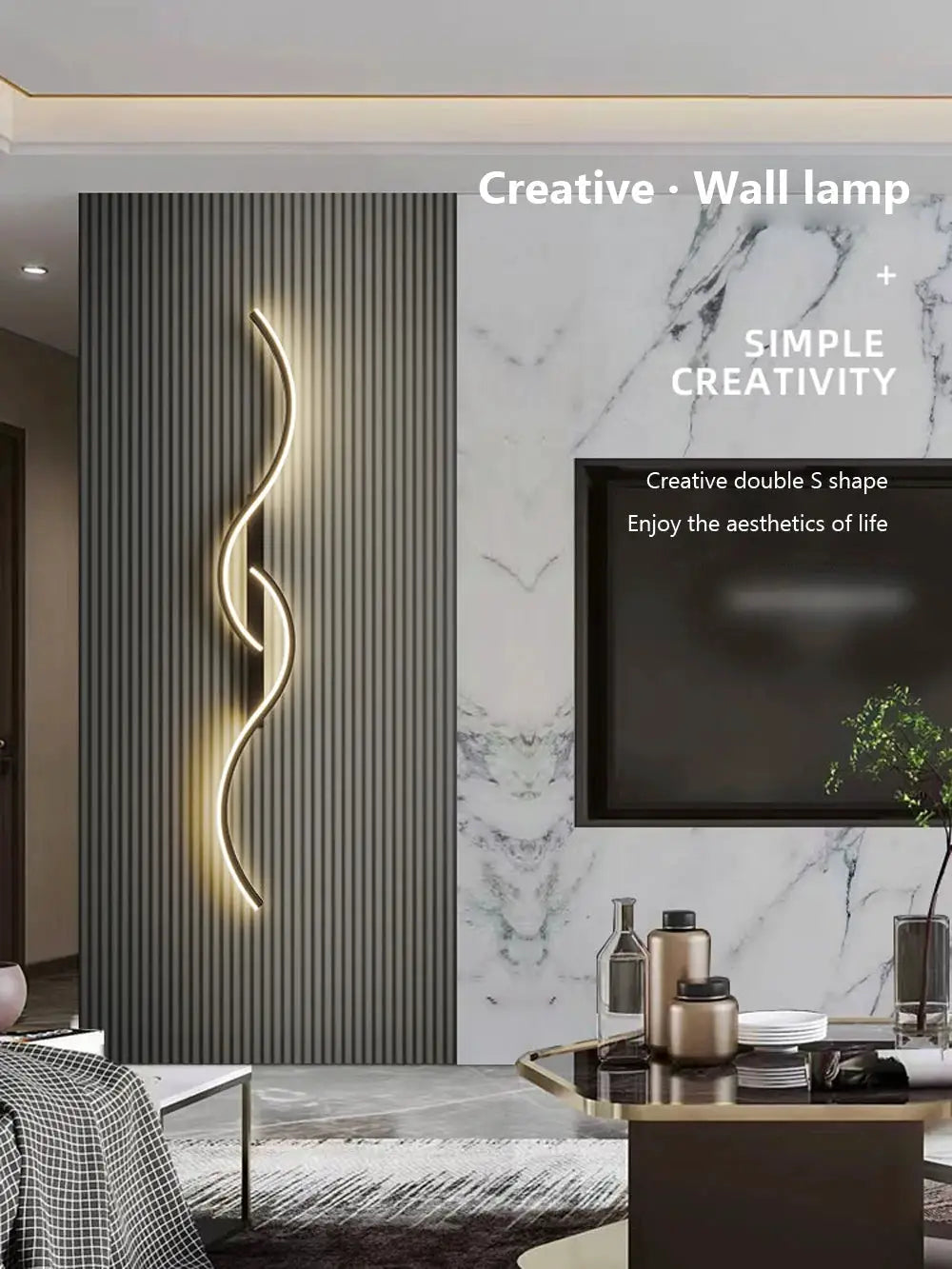 Simples Market modern LED wall lamp with a double S-shaped light strip on a dark ribbed panel in a living room.