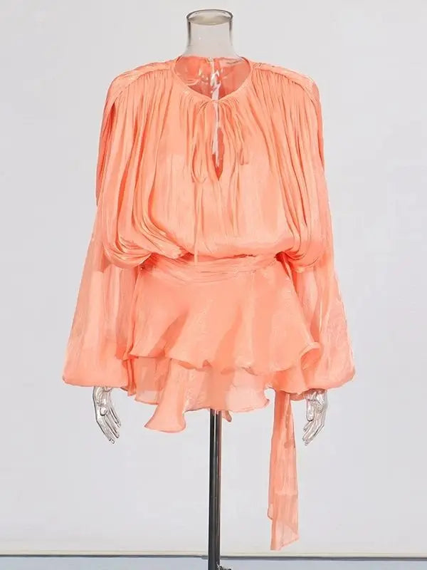 Twotwinstyle Solid Blouse Mini Dress For Women V Neck Long Sleeve Lace
