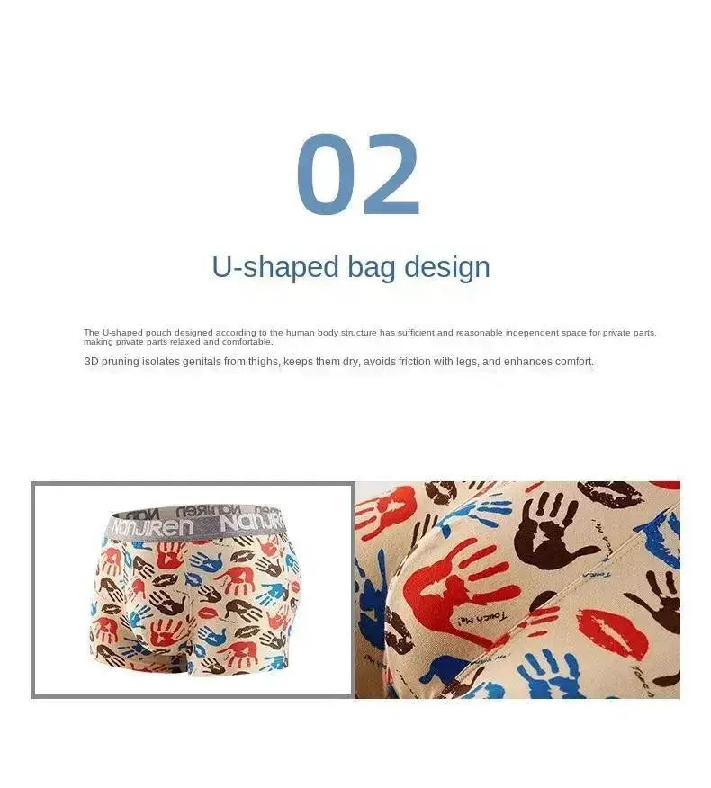 Simples Market 4-pack men's cotton boxer shorts with multicolor handprint pattern and U-shaped pouch design.