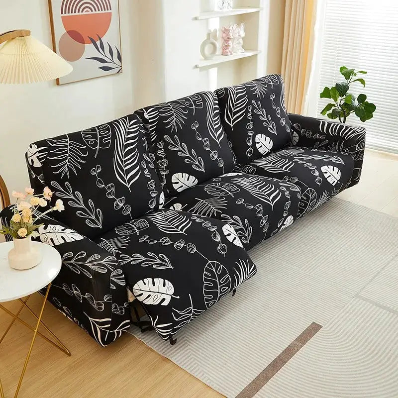 Elastic recliner sofa cover with black fabric and white leaf print, Simples Market