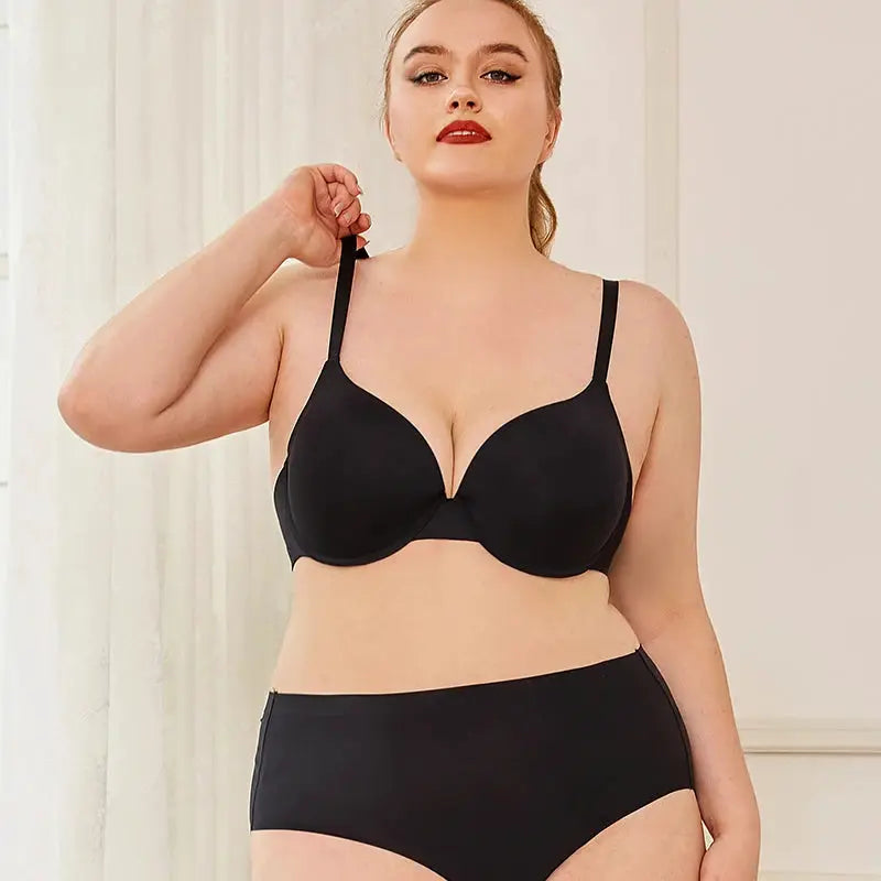 2Pcs set black wireless push-up bra and matching high-waisted briefs