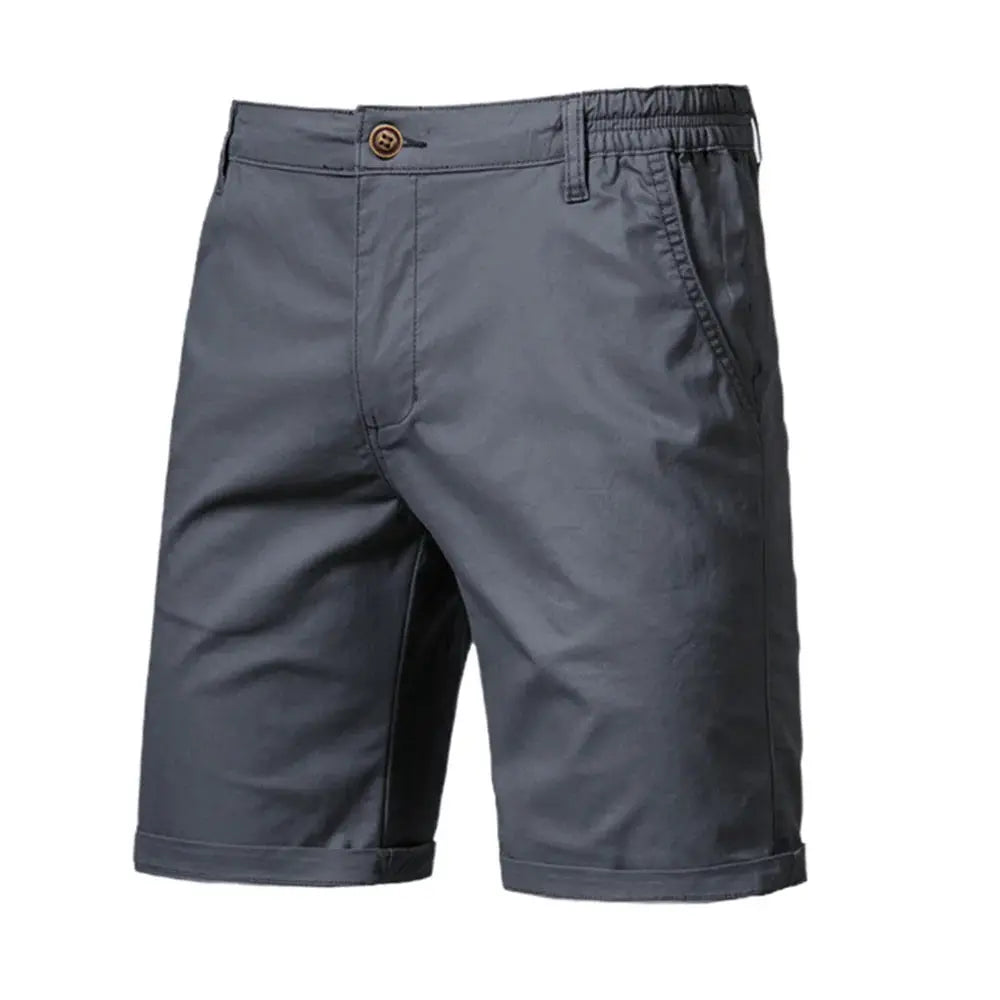 Men's gray 100% cotton shorts with elastic waistband and button closure