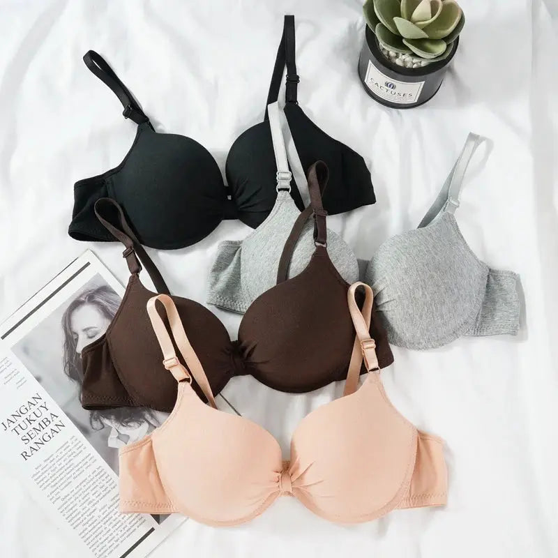 Simples Market women's cotton gathered underwire push-up bras, 5-pack in black, gray, brown, nude, and peach