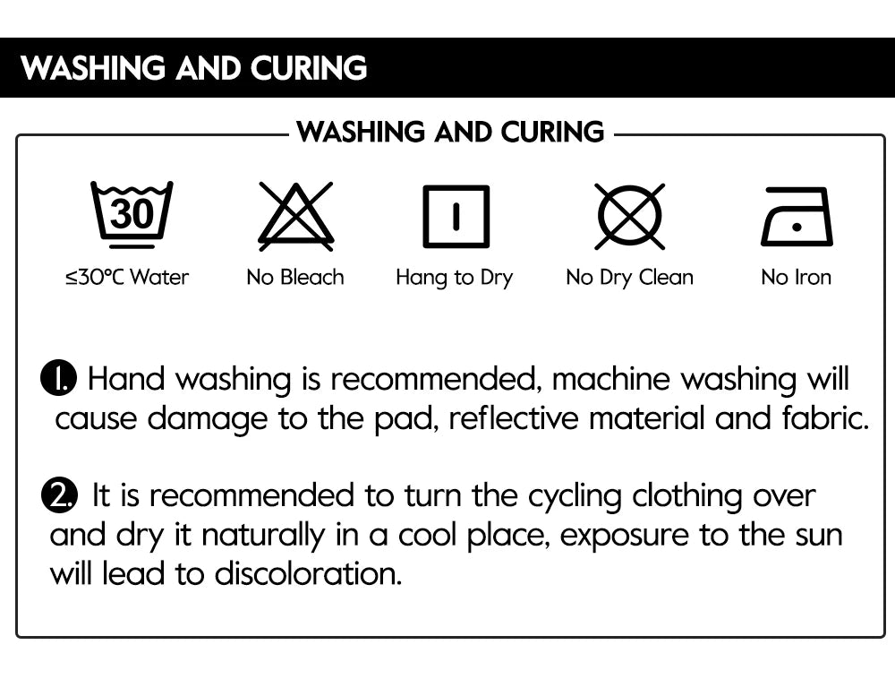 RION cycling shorts washing instructions: wash at ≤30°C, no bleach, hang to dry, no dry clean, no iron.