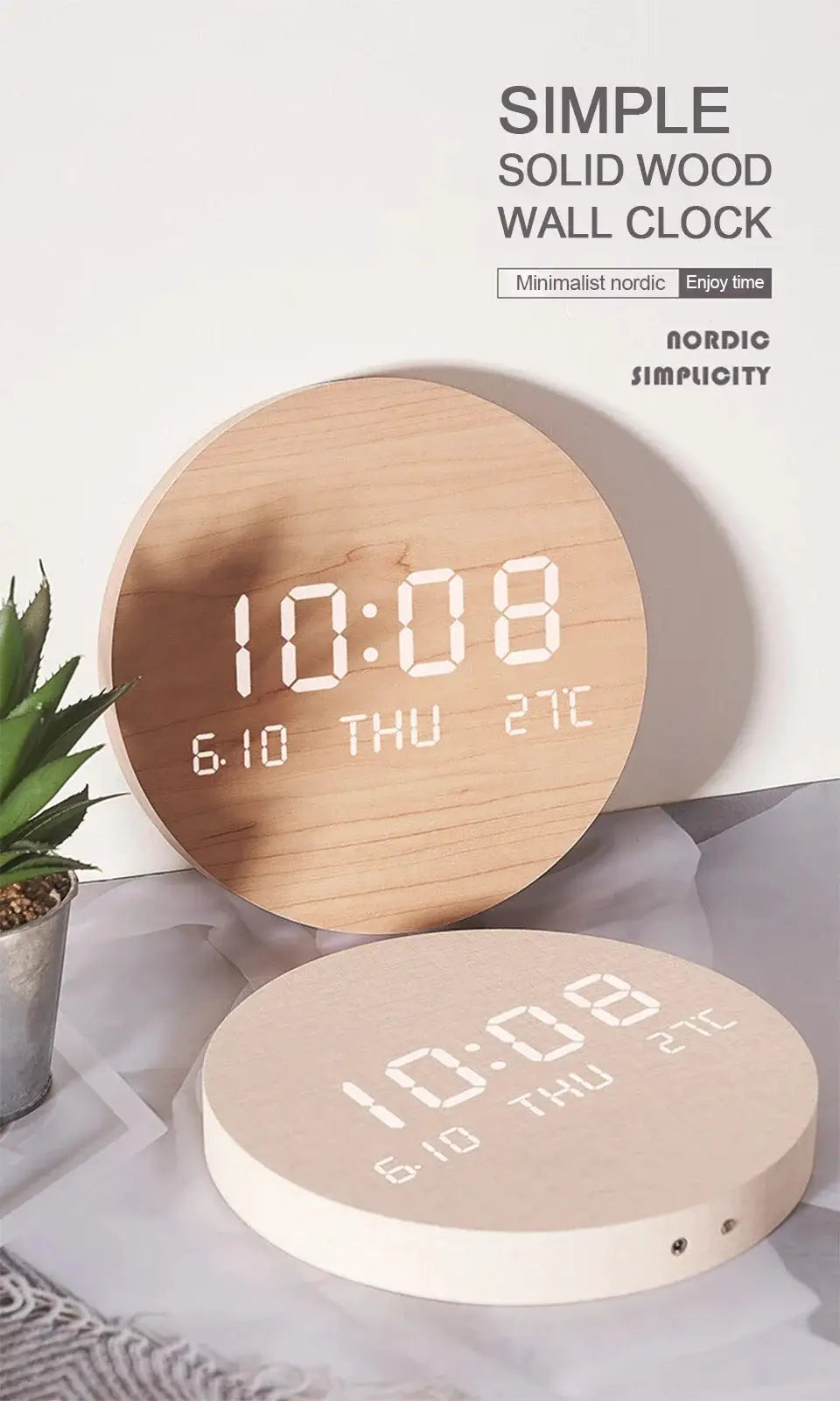 Two LED digital wall clocks with round solid wood finishes; date, time and temperature display; silent operation