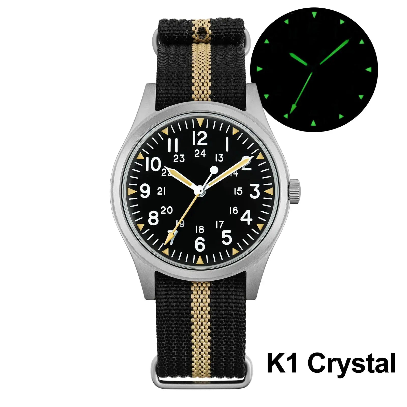 Militado ML07 quartz military watch Simples Market; black dial, beige striped nylon strap, silver case, sapphire crystal