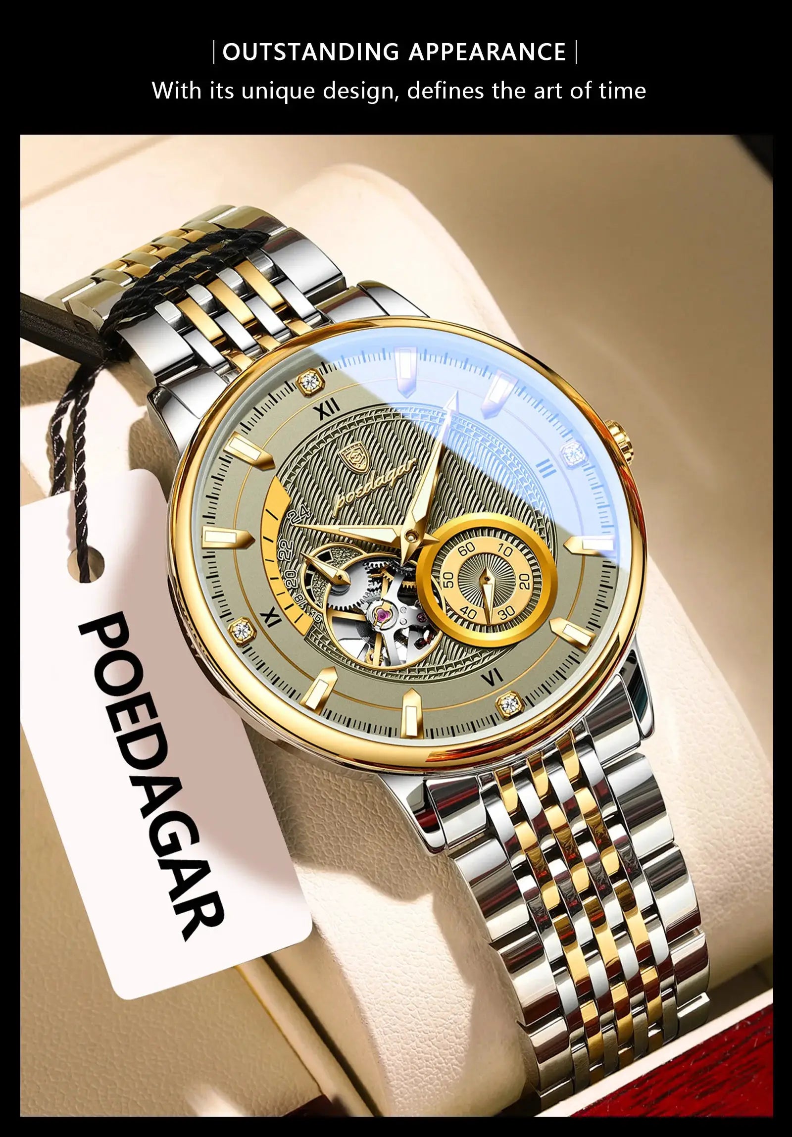 POEDAGAR luxury men's wristwatch with two-tone gold and silver stainless steel band and skeleton dial