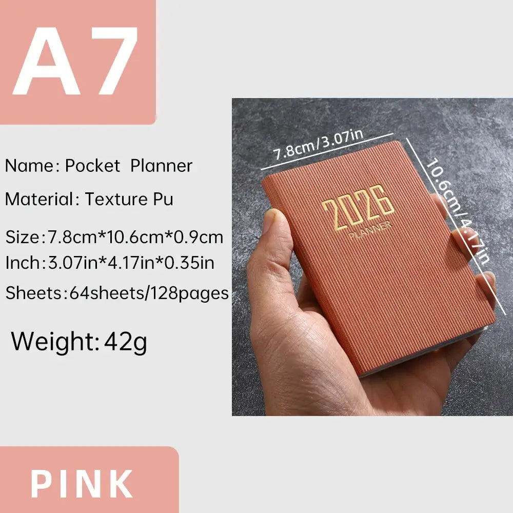 Simples Market pink A7 pocket planner with textured PU cover, 64 sheets/128 pages, 2026 planner