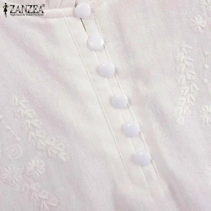 ZANZEA Summer Vintage Womens Blouse O Neck ThreeQuarter Sleeve Cotton
