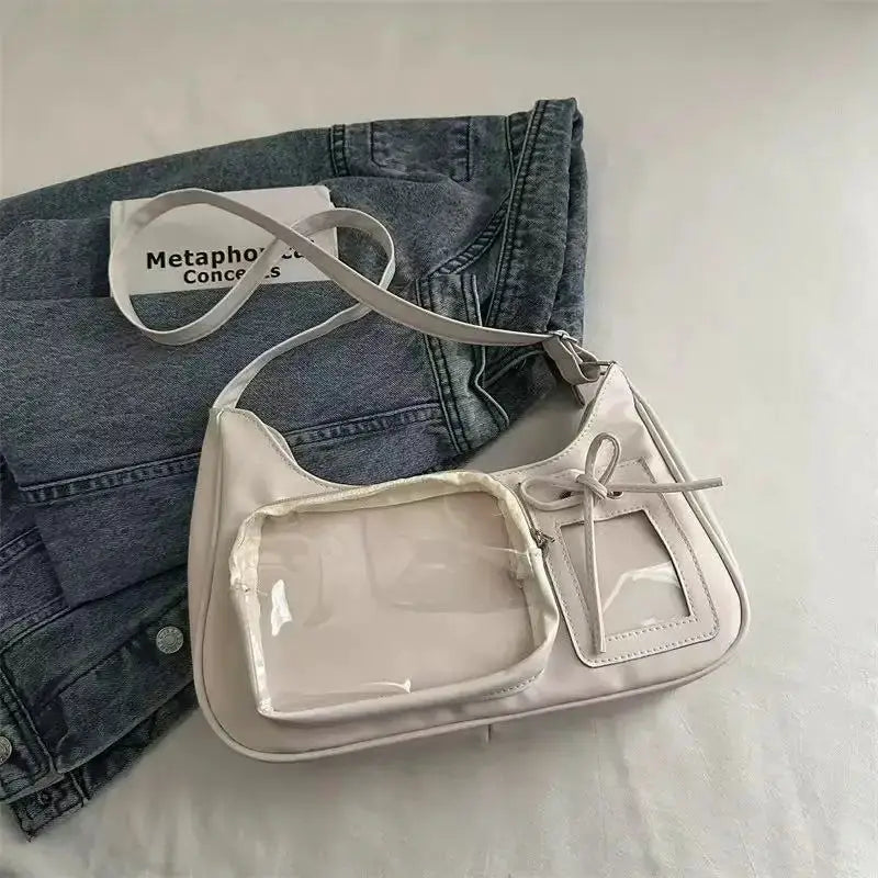 Y2K Harajuku transparent ita bag in pale pink with clear front panel and crossbody strap — Simples Market