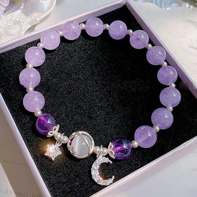 Blue-purple opal stone bracelet for women, 18.6 cm, with moon and star crystal pendants