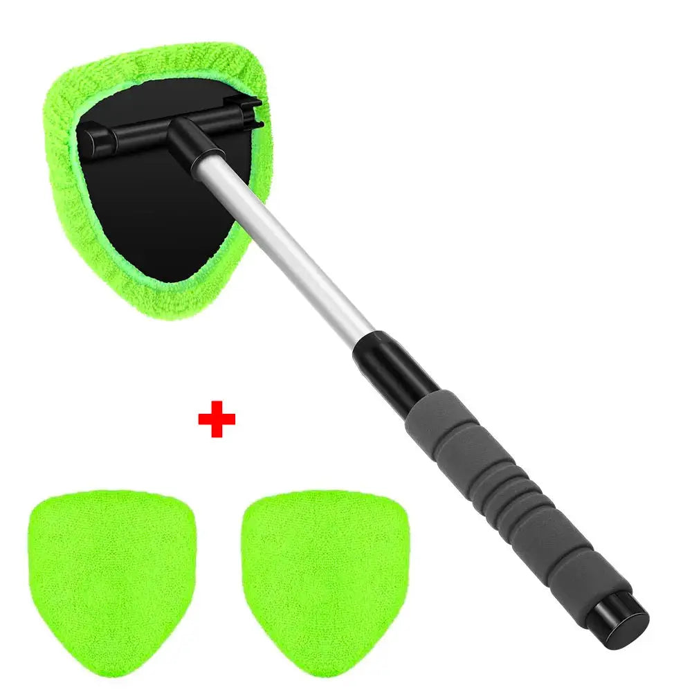 Telescopic car window cleaning brush with green microfiber pad and aluminum handle; includes three pads