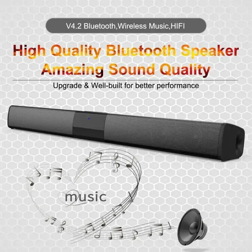 XIKCU black Bluetooth 5.3 soundbar with remote for home cinema; stereo speaker with RCA AUX and TF card support
