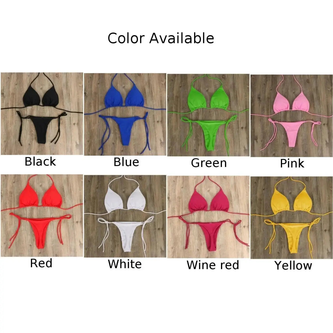 Women's tie bikini set with adjustable side straps in color options black blue green pink red white wine-red yellow