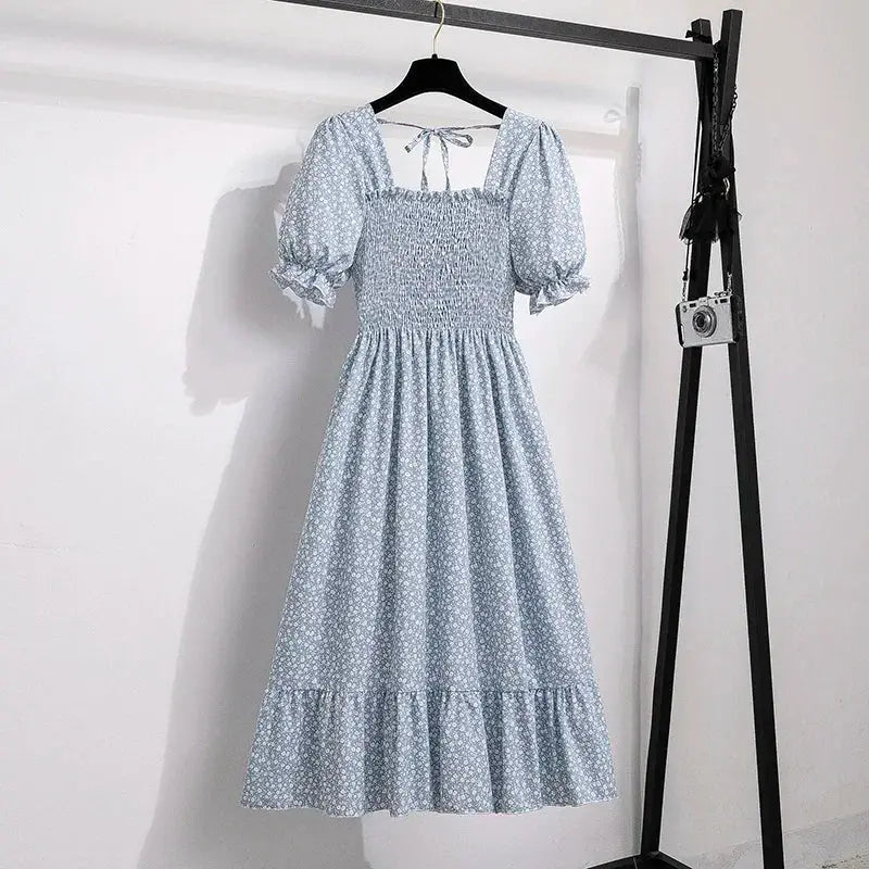 Chiffon Spring Summer A Line Dress For Women With Elastic Waist Pleated Short Sleeve Casual Flattering Fit