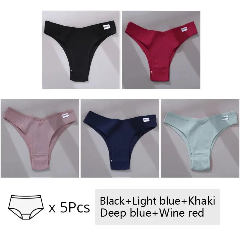 Simples Market FINETOO cotton Brazilian panties 5-piece V-waist T-back set in black, light blue, khaki, deep blue, wine red