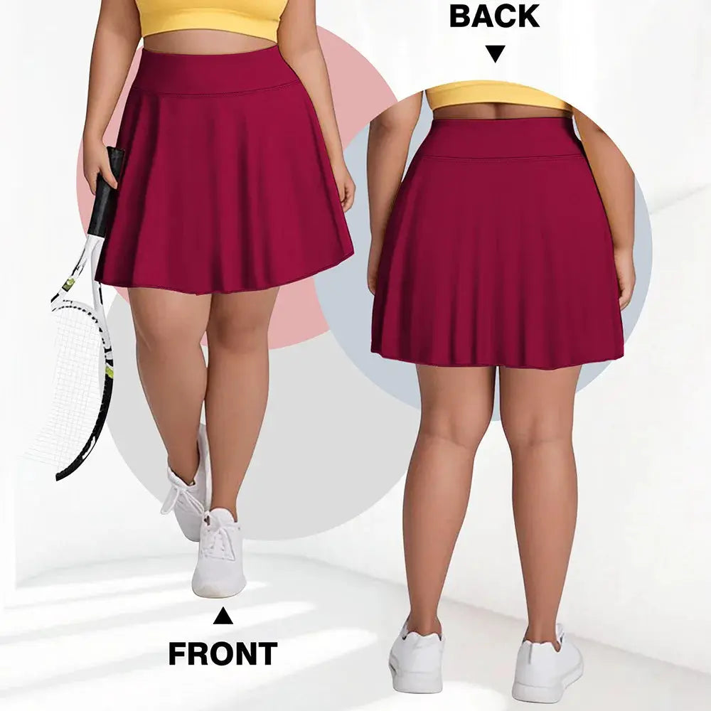Plus size women's high-waist athletic short skirt with pockets, burgundy, Simples Market