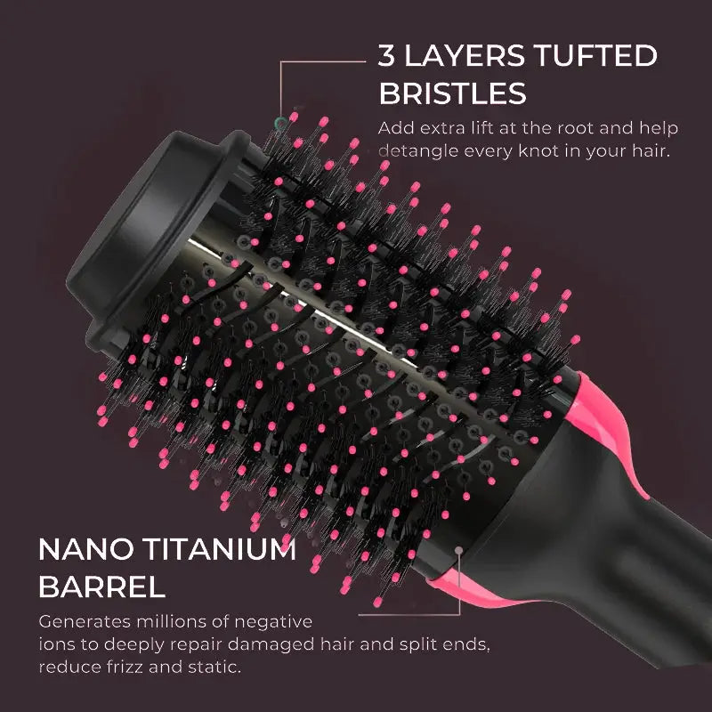 LISAPRO 2-in-1 hair dryer and styling brush with nano titanium barrel; black handle with pink accents
