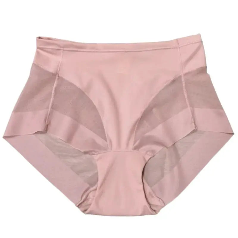 Pink women's high-waist shaping panties with mesh panels for tummy control.