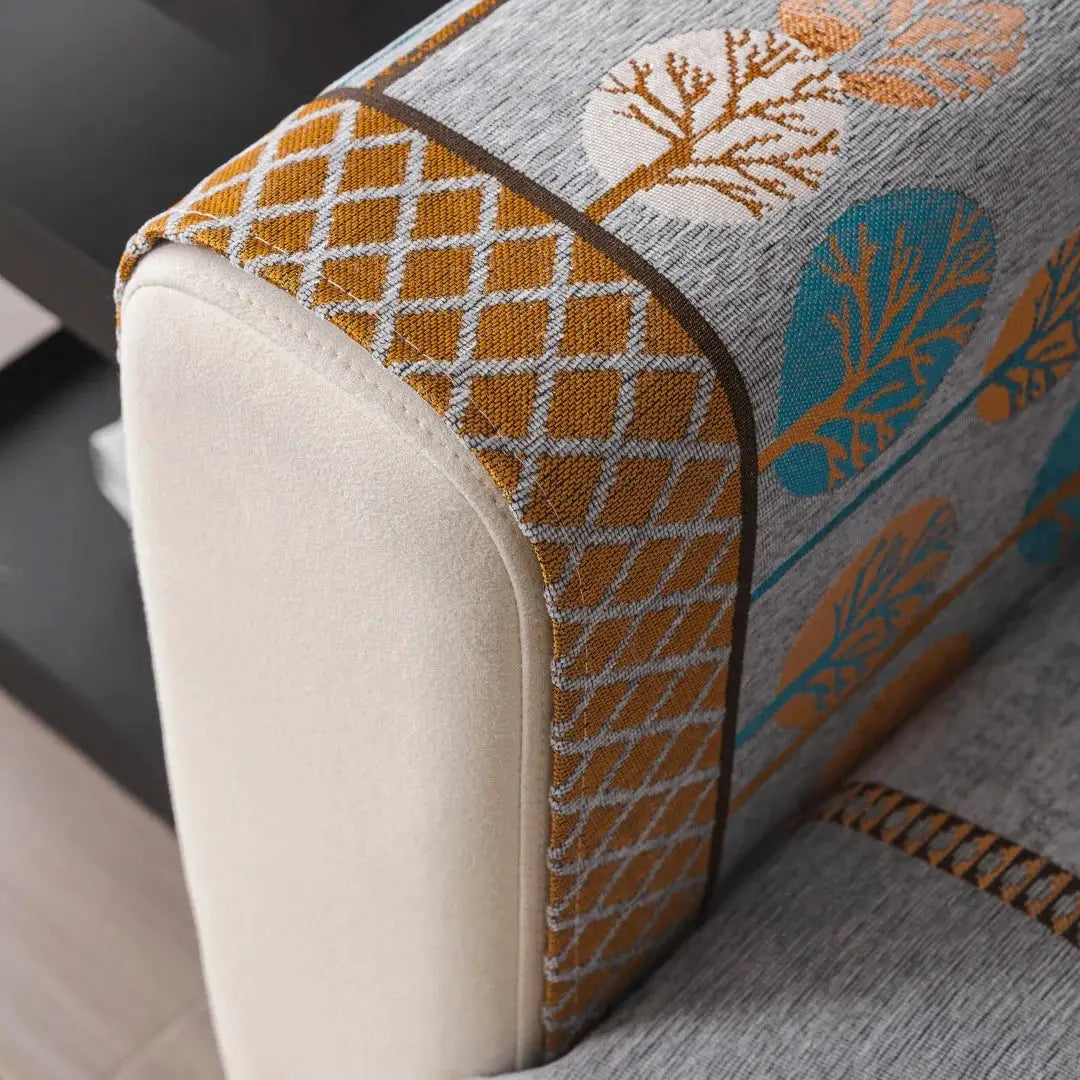 Boho Full Moon Tree Jacquard Chenille sofa cover by Simples Market, gray with orange and teal tree print, anti-slip