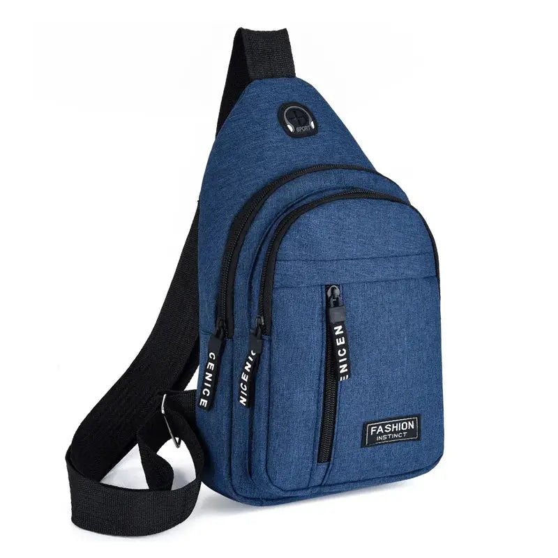 Blue Oxford cloth chest bag with multiple zip pockets and black adjustable strap, FASHION INSTANT label