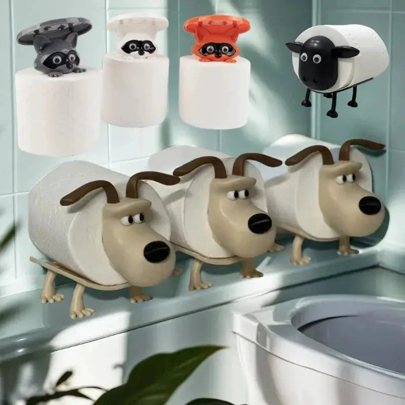 Animal-themed toilet paper holder set with three dog-shaped holders and raccoon and sheep toppers for bathroom decor